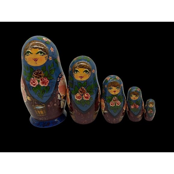 Russian Handpainted Wooden Nesting Dolls - Set of 5 - Tallest is 6" Dated 1992 - Picture 2 of 16